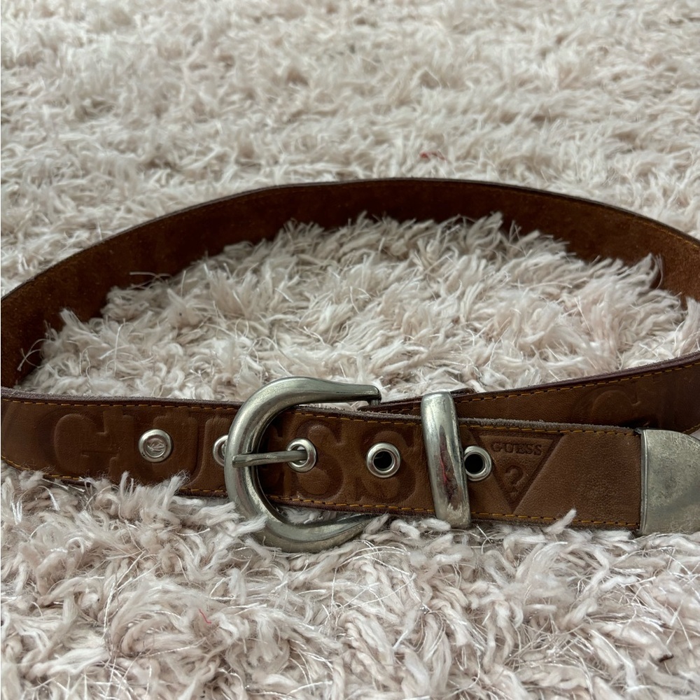 Guess Tan Leather Belt with Silver Accents